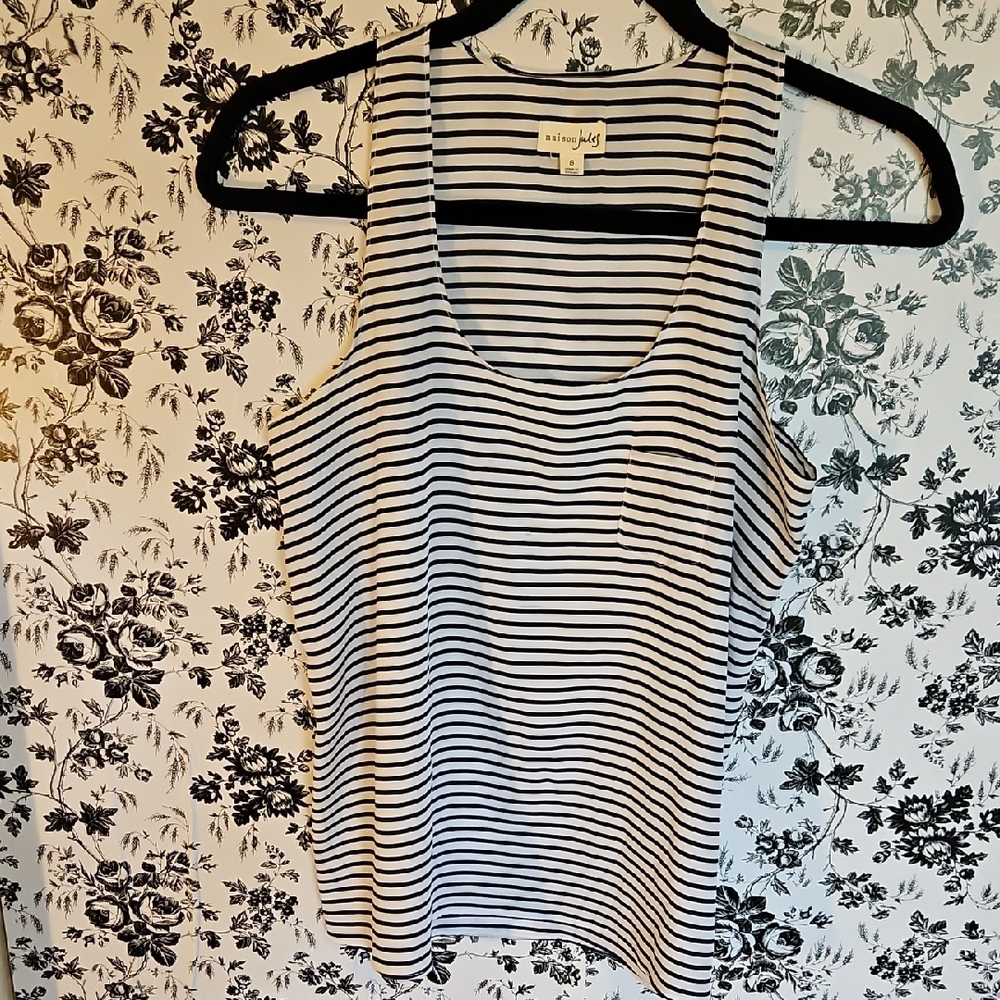 Maison Jules Black and White Striped Tank Top